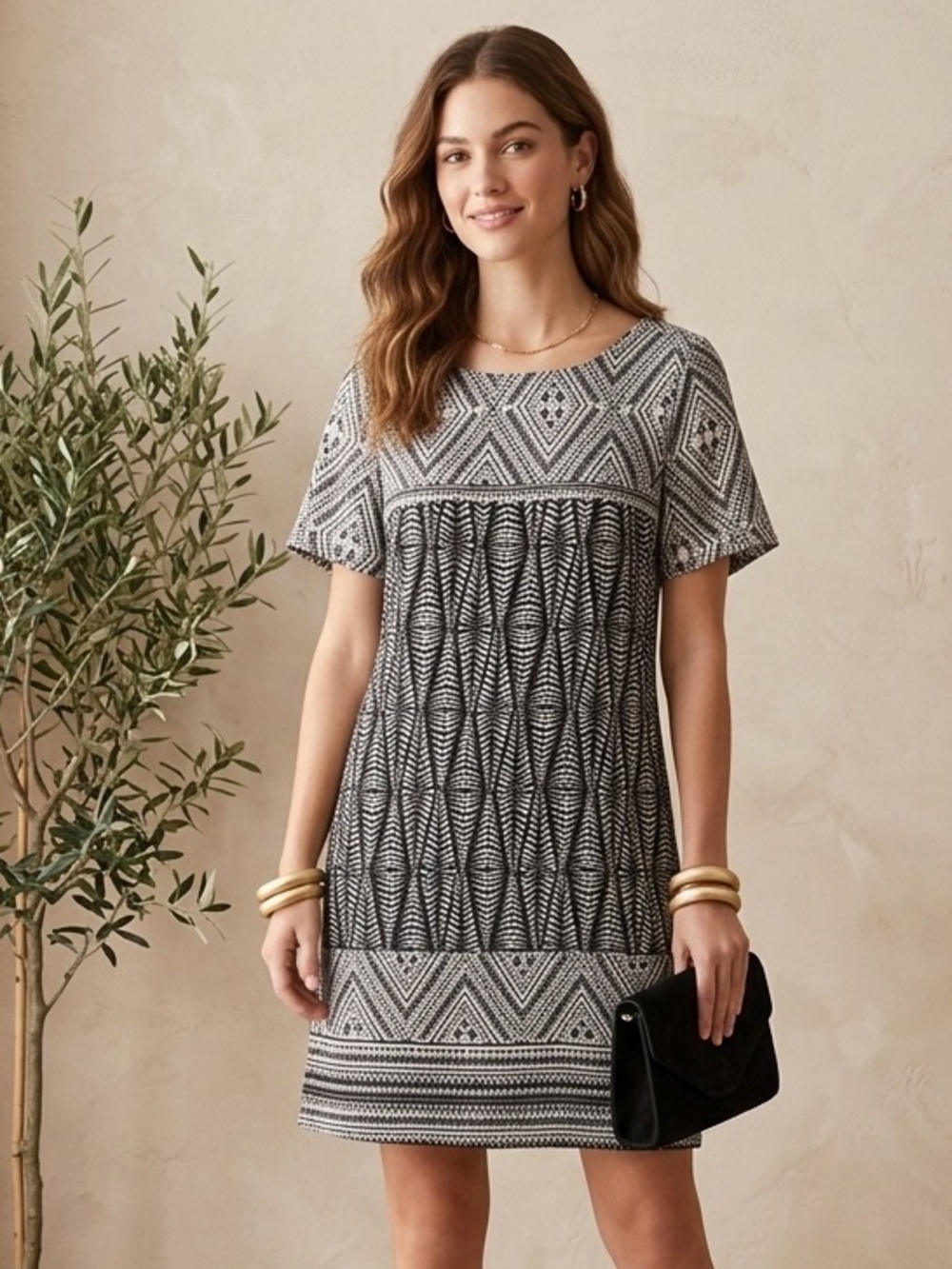 Avon Mark Black & White Geometric Shift Dress Mod Tribal Print Medium 60s